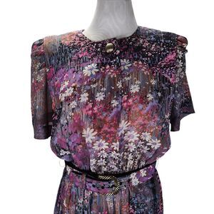 Vintage 80s Watercolor Floral Midi Secretary Dress Size M Purple Pleated Belted